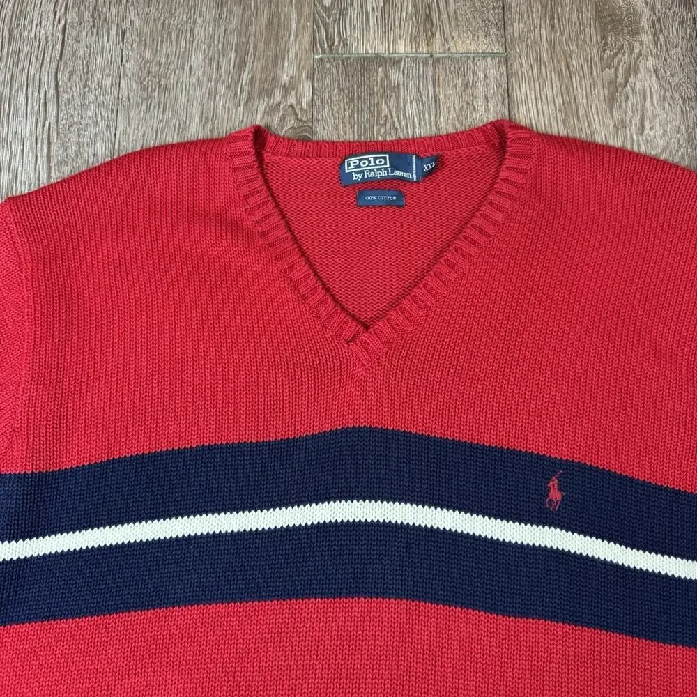 Vintage 80s Polo Ralph Lauren V Neck Cotton Sweater Striped Red Blue Men's XXL